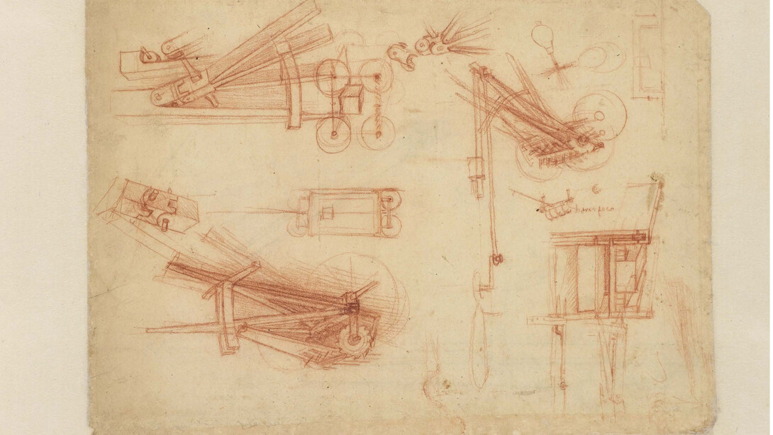 Schizzi di catapulte (SB), penna e inchiostro su carta, 190 – 252 x 113 – 226 mm, antica numerazione 74, C.A. f. 1100 r (ex 396 r-a), circa 1490
