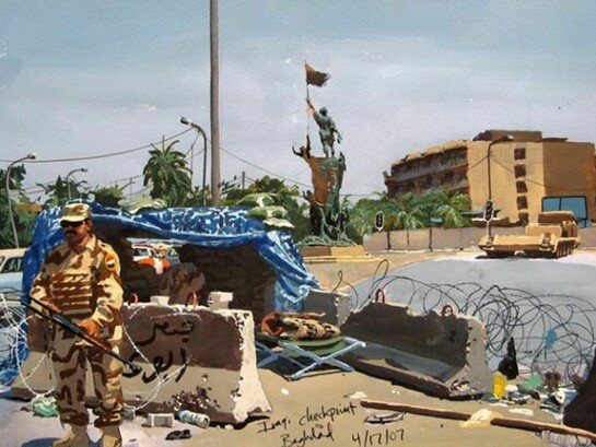 Steve Mumford. A typical Iraqi checkpoint in Baghdad in 2007 as the US raced to get Iraqi forces in place. It seemed to me that what the Iraqis lacked in finesse, they often made up for in boldness, 2007. Ink, watercolor, and gouache on paper. Courtesy of the artist and Postmasters Gallery, New York. © Steve Mumford