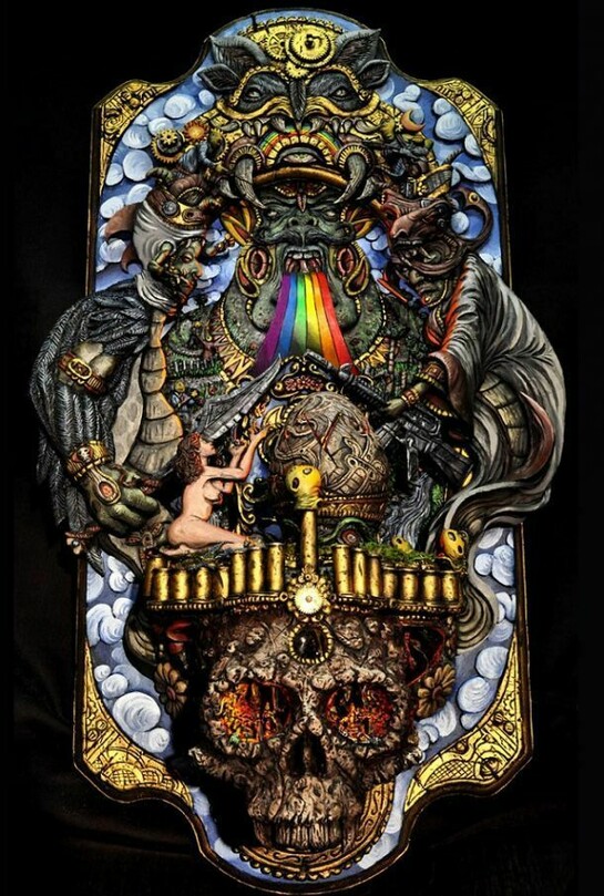Nathan Cartwright, “The Cosmic Egg”, mixed media sculpt with kinetic egg and lights, 14″ x 23″ x 6″