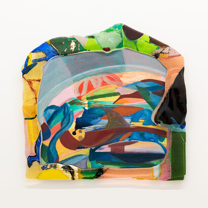 Marley Freeman and Jessica Jackson Hutchins,
Crush of the Rose 2, 2023,
fused glass, acrylic, and oil on linen,
24 3/4h x 26w x 2 1/2d in,
62.87h x 66.04w x 6.35d cm. Courtesy of the artist and Adams and Ollman Gallery