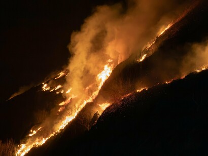 Flames spreading across the hillside, symbolizing the urgency of systemic responses to ecological crises