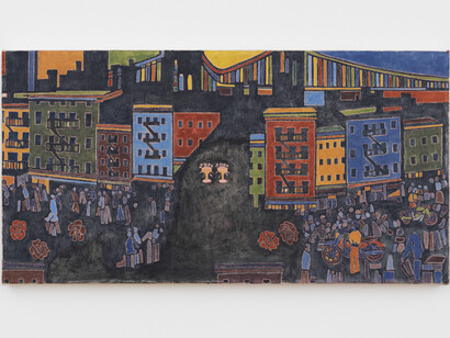 Georgia McGovern, Remain in the Light, 2023, acorn ink and colored pencil on collaged paper, 154.9x125.7 cm. Courtesy the artist and Marinaro, NYC