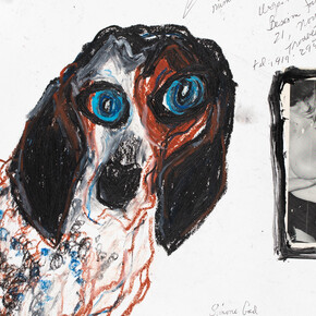 Simone Gad,
Jean AKA John Numero 24589755 Besoin,
Famille Avec Pinups (detail), 2017/2019,
Oil pastel, ink, and collage on paper.
14 x 17 inches. Courtesy of Track 16 Gallery, Los Angeles