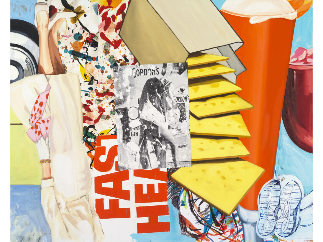 David Salle, Faster Healing, 2014, Oil and acrylic on linen with pigment print, 77 x 96 inches (195.6 x 243.8 cm). © David Salle. Courtesy Skarstedt, New York.