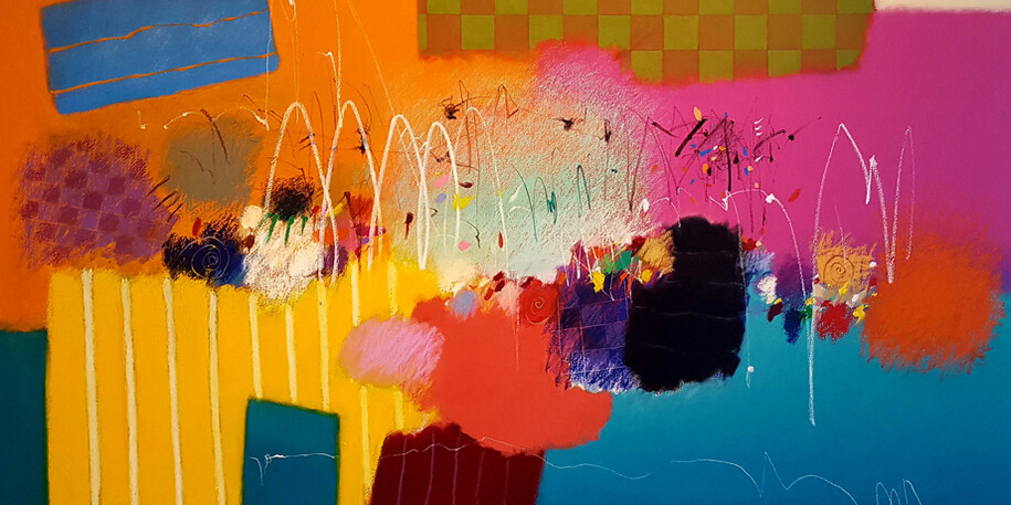 Joyful, 2017. Moe Brooker. Oil and mixed media on canvas, 48 x 60 inches. Courtesy of the artist.