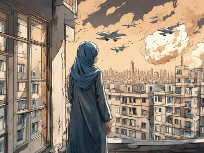 Donna osserva il cielo durante un attacco aereo in una città mediorientale devastata dalla guerra
