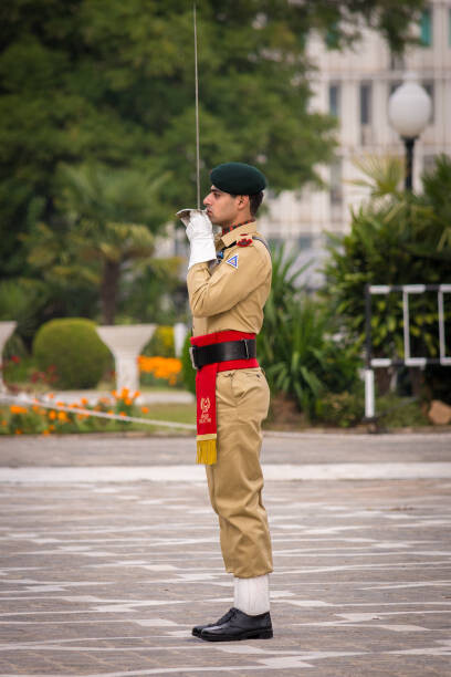 The Pakistani Army honor guard participates in an official ceremony at Aiwan-e-Sadr, the Presidential Palace