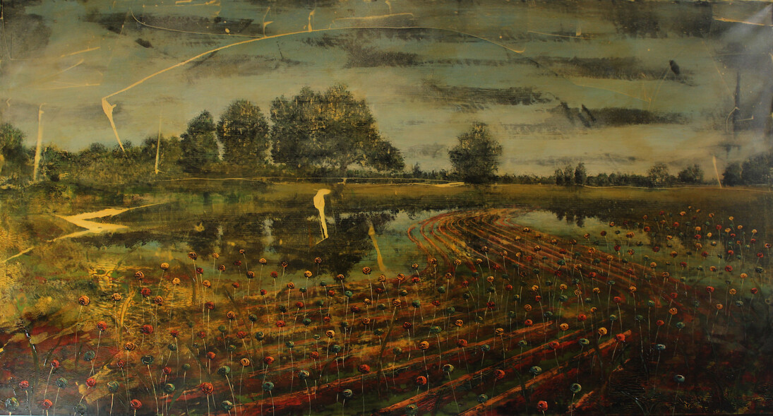 Forbici Jernej, 263 camouflage flowers, 2015, Acrilico e olio su tela, 130x240 cm