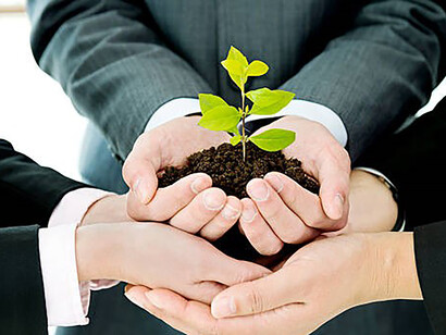 A united business team holds a plant with purpose, symbolizing their collaborative efforts towards growth and sustainability
