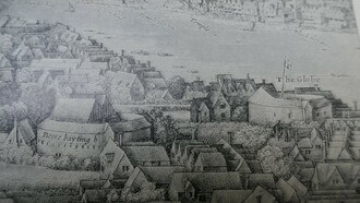 El antiguo Globe Theatre. Dibujo creado en 1642 por Wenceslao Hollar para su "Gran vista de Londres". Imagen publicada en RB Morgan, 1923. Cambridge University Press, Londres, Inglaterra (En el dibujo el edificio perteneciente a "The Globe",  por error está etiquetado como "beere baiting")