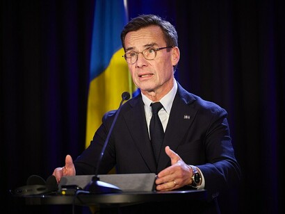 Ulf Kristersson delivers a joint statement at the fourth Ukraine-Nordic Summit in Reykjavik on October 28, 2024