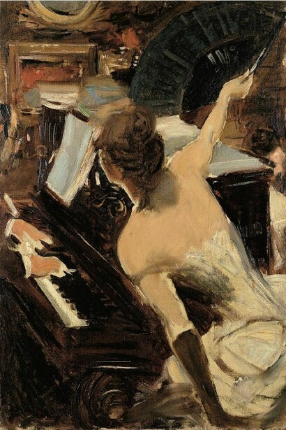 Giovanni Boldini (Ferrara 1842 – Parigi 1931), La cantante mondana, c. 1884. Olio su tela, cm 61 x 46. Collezione Fondazione Carife, in deposito presso le Gallerie d’Arte Moderna e Contemporanea di Ferrara.  