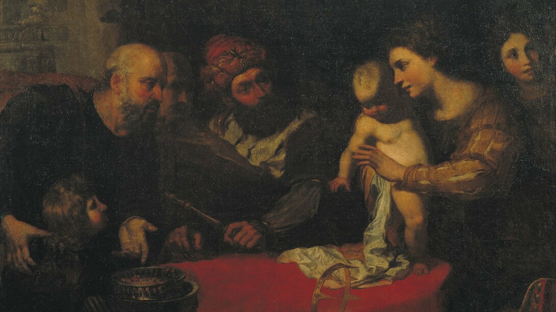 «Moisés niño tira la corona del faraón», Orazio de Ferrari  (1606–1657)