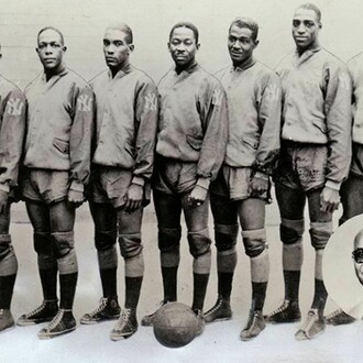 Photo of the New York Rens professional basketball team, with inset of owner Robert “Bob” Douglas, ca. 1933. Courtesy of the Black Fives Foundation