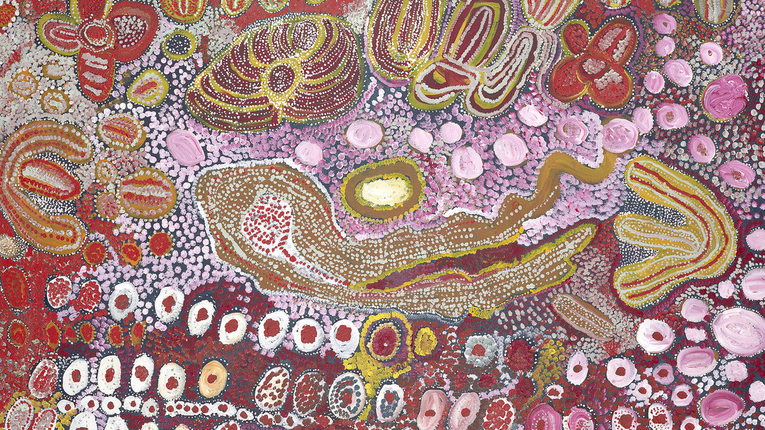 Wingu Tingima, Minyma tjuta (Seven sisters) (detail), 2006. Courtesy of National Gallery of Victoria, Melbourne, Purchased with funds donated by Supporters and Patrons of
Indigenous Art, 2006 © Wingu Tingima/Copyright Agency, 2024