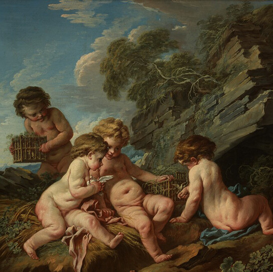 Attributed to François Boucher, French, 1703-1770, Bird-Catching Cherubs (Summer) L’Amour Oiseleur (L’Eté), 1732-1733, Oil on canvas, 71.1 x 72.1 cm (28 x 28 3/8 inches) Anonymous gift 64.115
