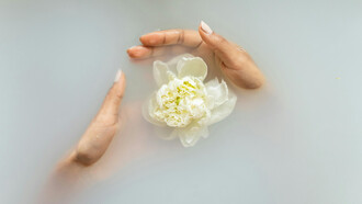 A pair of hands carefully guarding a blooming flower floting on murky water