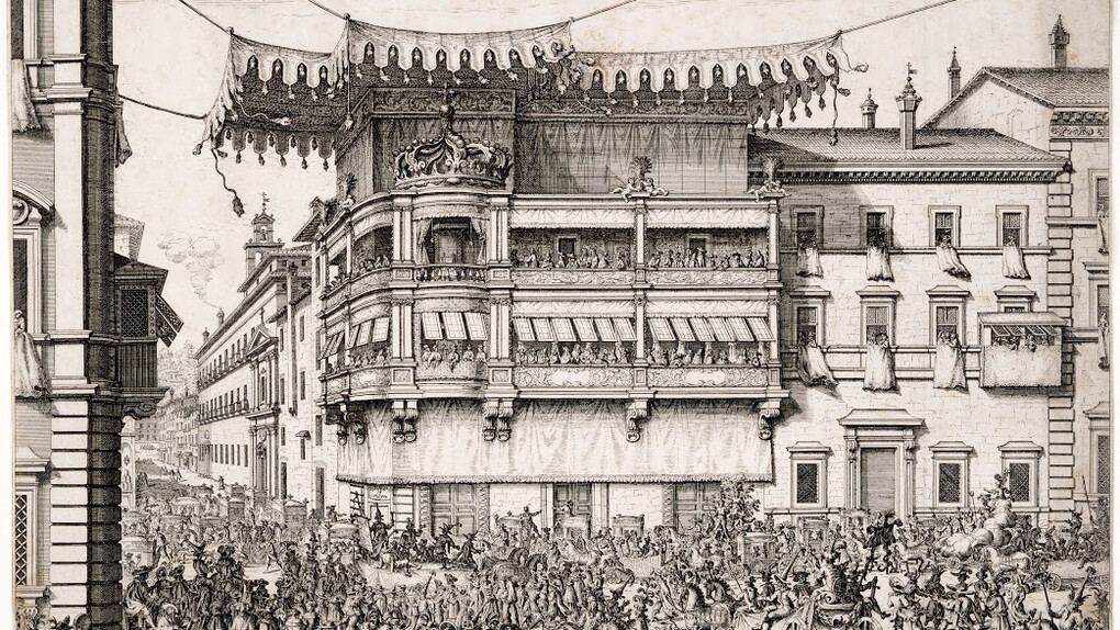 Giovan Battista Falda, Palco allestito per la Cristina di Svezia in occasione del Carnevale, 1656, acquaforte, 385 x 475 mm, Roma, Museo di Roma, inv. GS 96