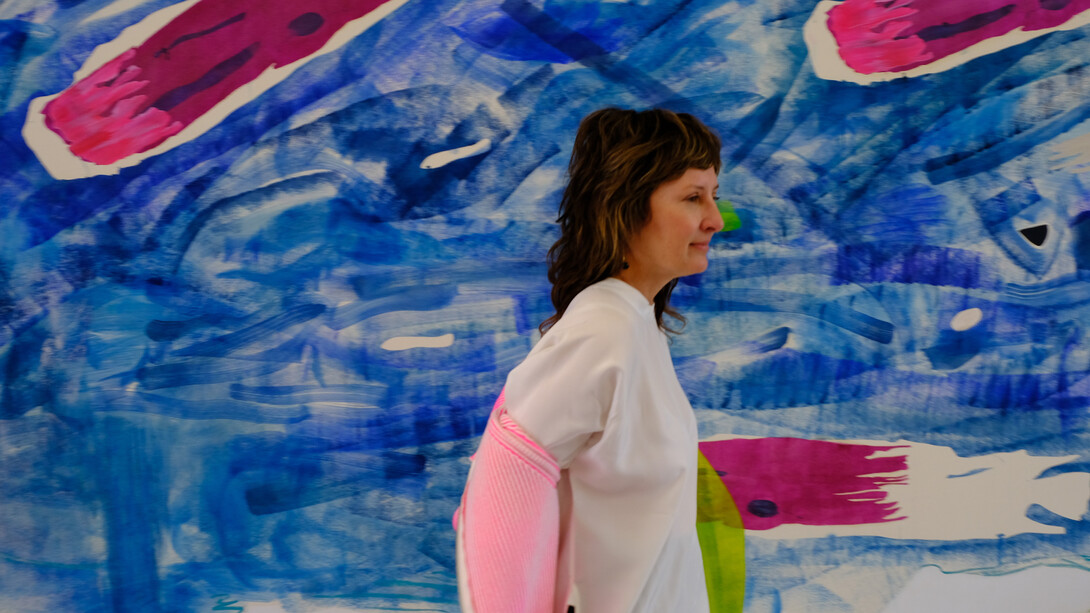 Monique van Genderen in her studio, background detail of B Side. Courtesy the artist and Quint Gallery
