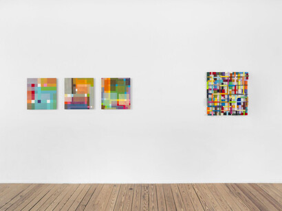 Beat Zoderer, Haiku. Three layered concrete watercolors, exhibition view. Courtesy of Galerie Lange + Pult