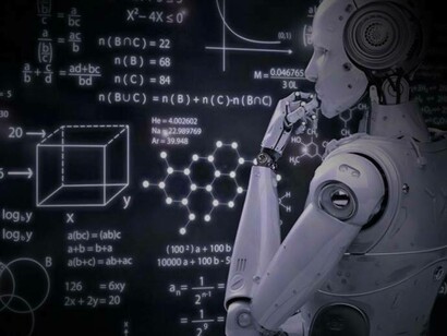An AI robot analyzing the data on the blackboard as his students look on in beweilderment