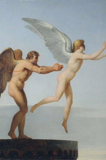 "Dedalo e Icaro", dipinto di Charles Paul Landon. Il motivo della detenzione di Dedalo sull'isola di Creta è il suo immenso talento; le sue opere rappresentano un tesoro inestimabile per il prestigio dell'isola e della sua regina, Pasifae


