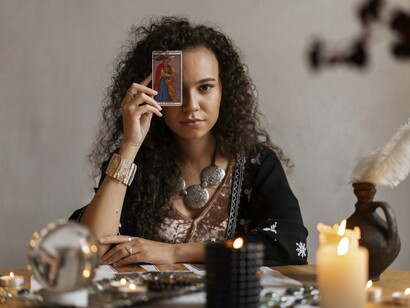 Mulher tira cartas para si. A tradução exata do nome que o Tarô de Marselha dá a este arcano (La Papesse) é A Papisa. Outras versões, como A Sacerdotisa ou A Alta Sacerdotisa, vêm do nome que lhe é atribuído modernamente em inglês (The High Priestess)