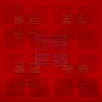 Susan Schwalb, 
Polyphony VIII, 2013-2016, 
gold/silverpoint, carmine gesso, paper on wood panel, 
16 x 16 x 1 3/4 inches