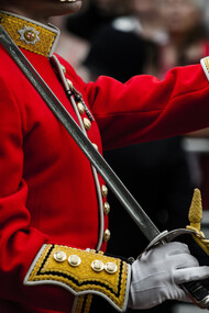 A british royal guard marching on the crowning day of King Charles III