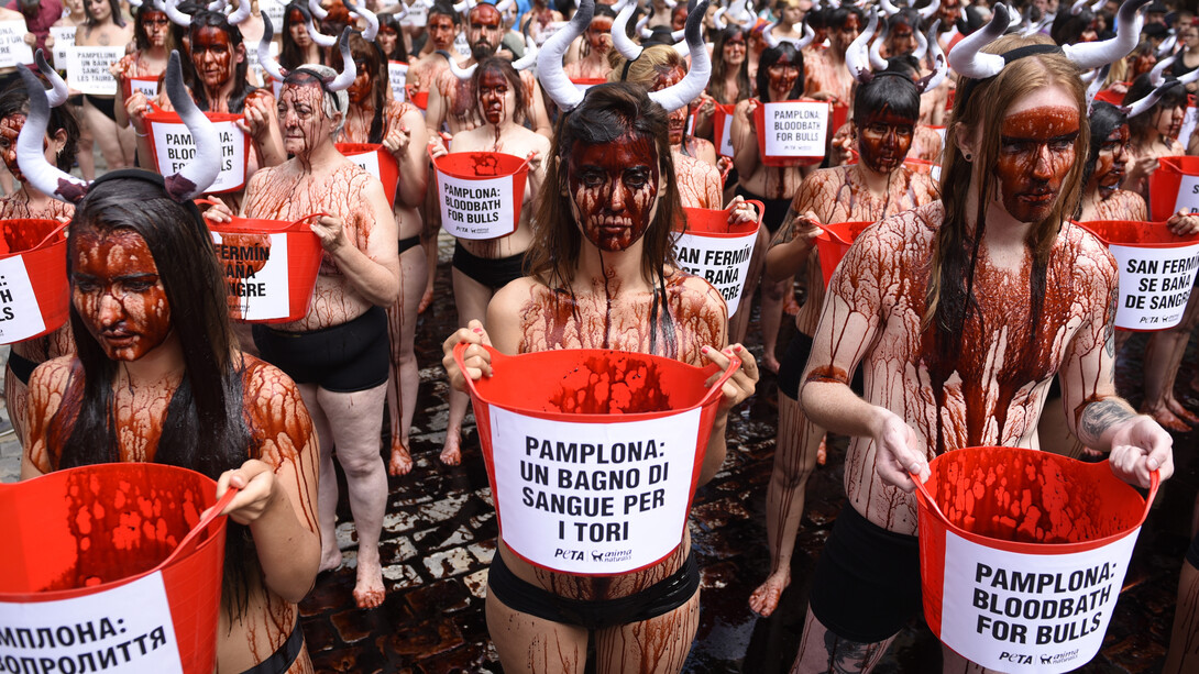 Defensores de los animales protestan en los días previos a las fiestas de San Fermín, España