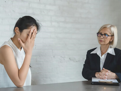 A distressed woman finding solace in the comforting presence of her psychotherapist