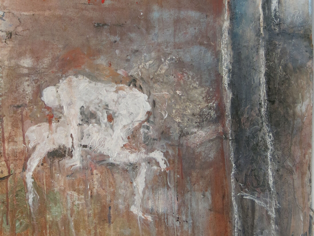 June Leaf, Figures (detail), 2012-2015, Acrylic, chalk on paper on tin, 26.75h x 20w in.