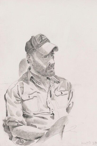 Kent O’Connor, Man in trucker hat, 2024. Courtesy of Matthew Brown Gallery