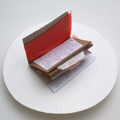 Piatti a fin di bene n. 5, Lasagna. Tecnica  collografia, collage e  linoleumgrafia stampata su carta Fabriano Artistica Fabriano, cartone ondulato eca, tiratura 20 esemplari. Le MagnificheEditrici, collana “Provviste d'artista”, 2009