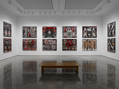Gilbert & George, Scapegoating Pictures for London, White Cube Bermondsey, 18 July - 28 September 2014, © Gilbert & George. Photo: Jack Hems. Courtesy White Cube