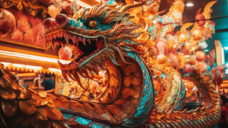 Colorful dragon statue representing Chinese spirituality, Lunar new year decorations, and the lively dragon dance tradition during the year of the dragon