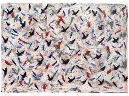 Caleen Ladki, When Birds Fly & The Mind Roams 13, 2022, mixed media on canvas, 150x14 cm. Courtesy the artist and Artbooth Gallery, Abu Dhabi
