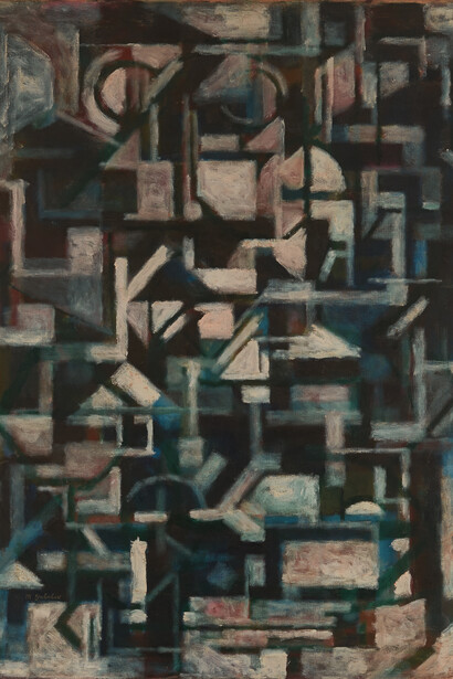 Maurice Golubov (1905-1987), detail of Departure, ca. 1938-40, Oil on canvas, 46.25 x 35.25 inches, signed lower left