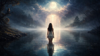 Standing at the threshold between water and sky, she faces the quiet language of the unconscious—where reflection becomes revelation and the path inward begins