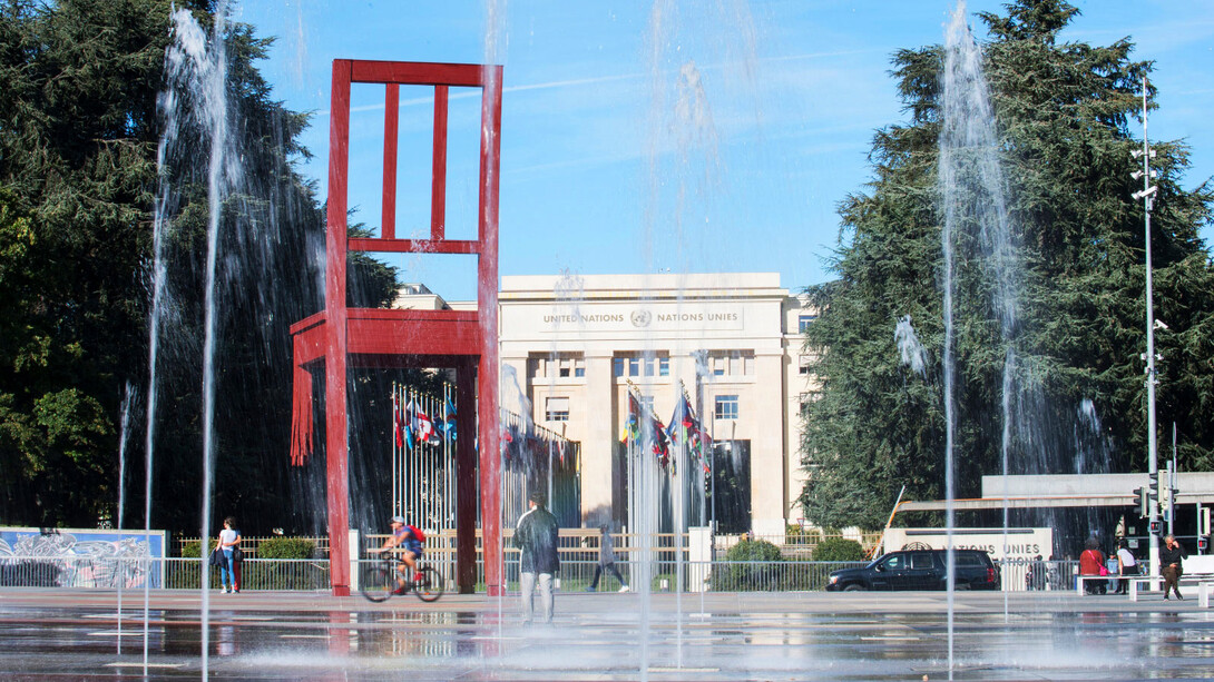 The chair that stands on the Place des Nations across the UN gate symbolizing humanity’s opposition to the use of indiscriminate weapons