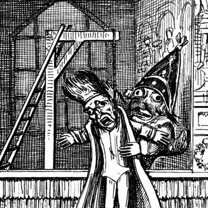 Ilustración de George Cruickshank (realizada en 1870) para Punch y Judy, obra de títeres tradicional que ironiza acerca de las figuras del mal y la justicia