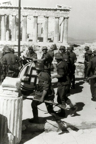 Wehrmacht soldiers raising the swastika (Acropolis, April 1941) and removed by Santos and Glezos (30 April)