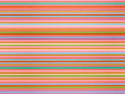 Bridget Riley Arioso (Blue), 2013, Oil on linen, 59 1/8 x 101 1/4 inches (150 x 257.2 cm) © Bridget Riley 2014. All rights reserved. Courtesy David Zwirner, London