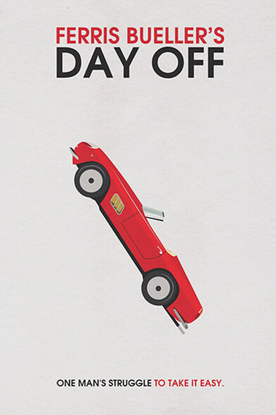 Ferris Bueller's day off: the classic 80s comedy reduced to its iconic red Ferrari against a clean backdrop with the film's memorable tagline