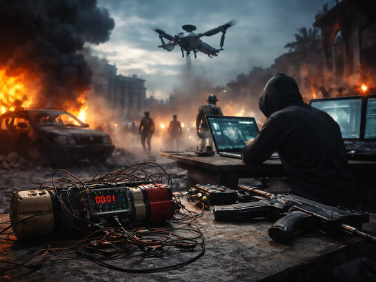 A city caught between war and peace: a single operator, distant silhouettes, and unseen forces reveal how modern conflict unfolds through technology, fear, and proxy violence rather than open battle