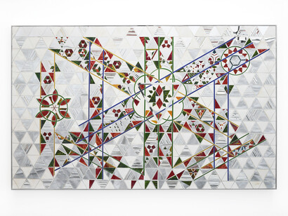 Monir Shahroudy Farmanfarmaian, Gabbeh, 2009, mirror, reverse painted glass, and plaster on wood, 37x59.5x2 inches. Photo by Robert Divers Herrick. Courtesy the artist and Haines Gallery, San Francisco
