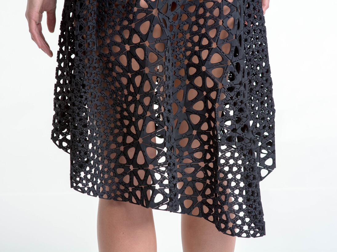 Nervous System (est. 2007), Jessica Rosenkrantz (American, born 1983), Jesse Louis-Rosenberg (American, born 1986). Kinematics Dress. 2013. Laser-sintered nylon. Image courtesy of Steve Marsel. The Museum of Modern Art, New York. Committee on Architecture and Design Funds.