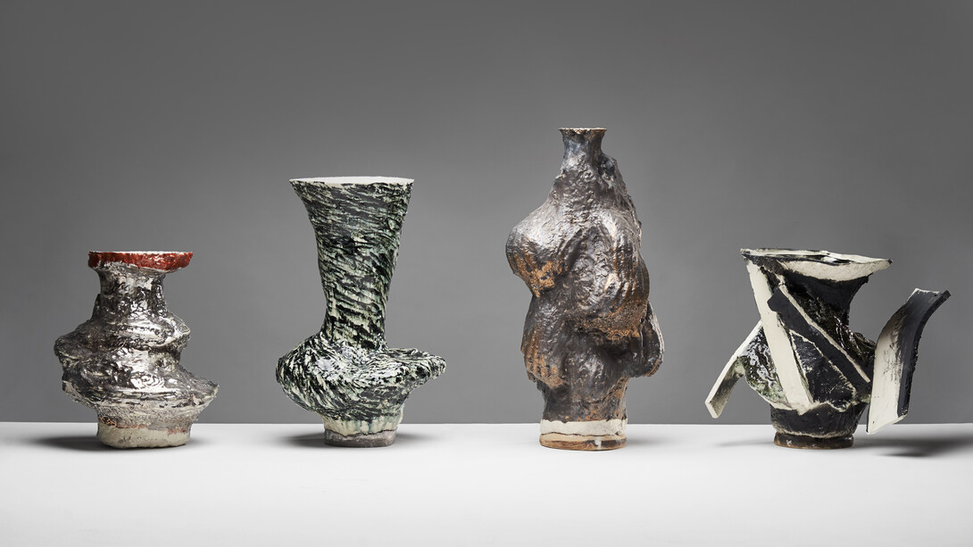 Grouping from left to right: Stegreif #115/ Lustre, 2020
Porcelain
36H x 31W x 30D cm; Stegreif #116, 2020
Porcelain and Pewter
50H x 31W x 31D cm; Stegreif #117, 2020
Porcelain
60H x 29W x 27D cm; Armoured Vase #2, 2020
Porcelain
37H x 50W x 35D cm. 