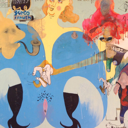 Hoosen, Gute deutsche Hausfrau St Antonio (topless), 2016, oil, ink, gouache and lacquer on canvas