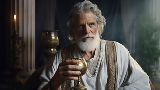 An AI-generated image comes to life, depicting Socrates in animated form, gracefully holding a wine glass